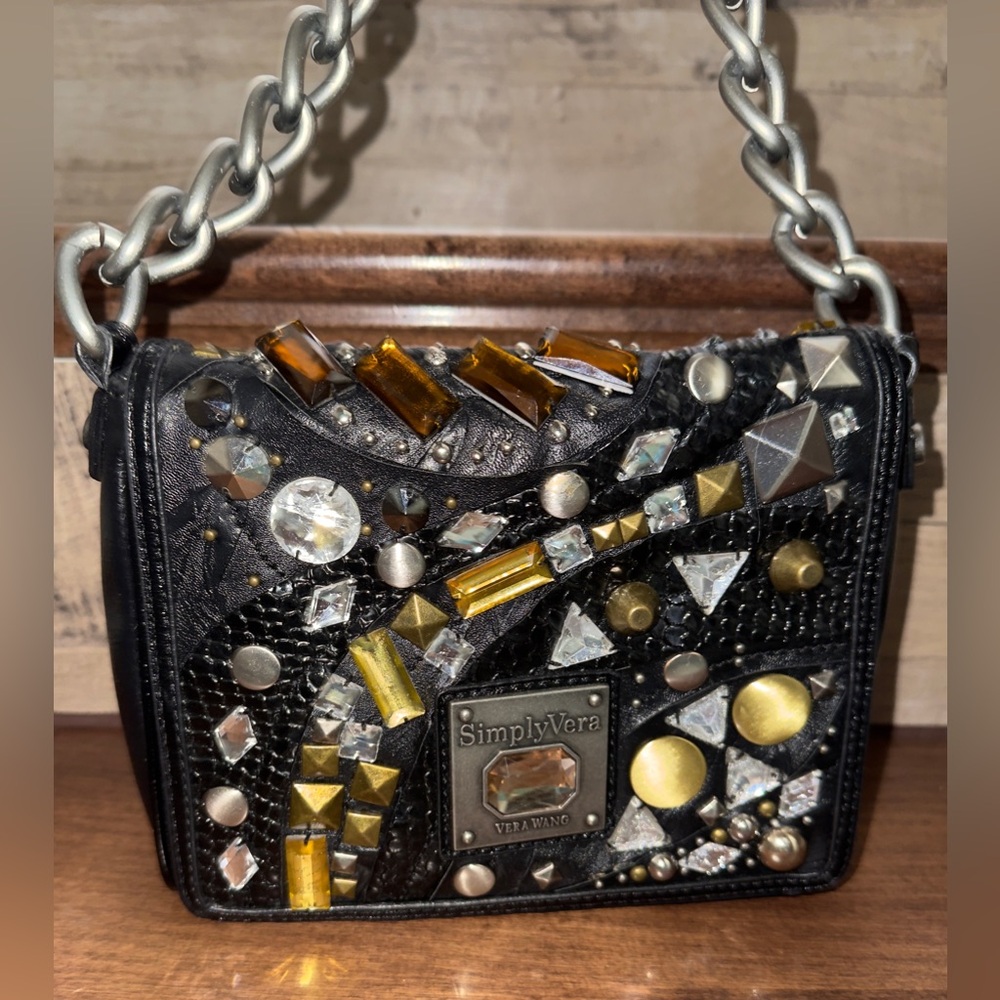 ✅ Cute 🥰Simply Vera Wang Shoulder Bag Chain Strap Faux Leather Beaded Rhinestone